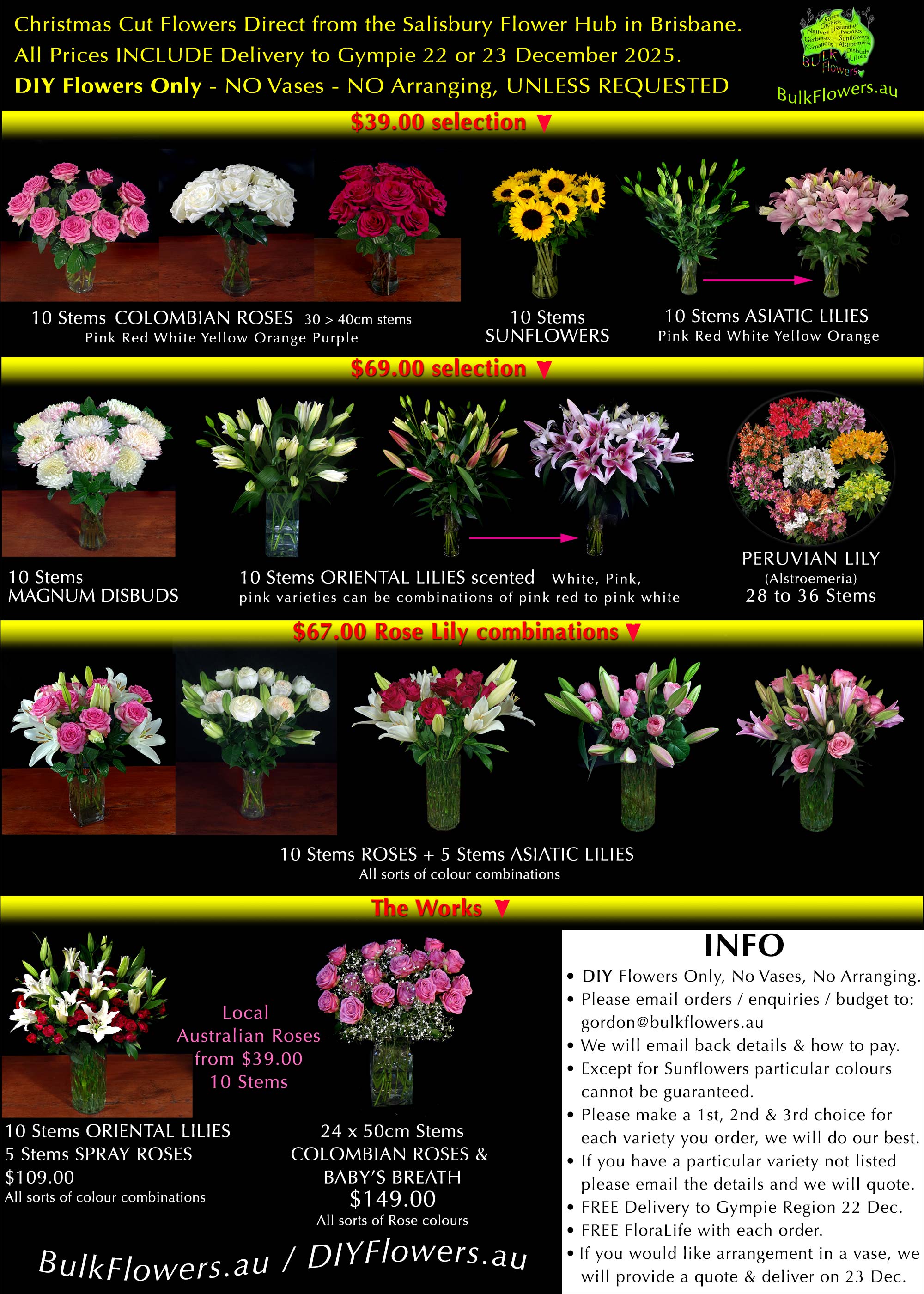 CHRISTMAS LILIES ROSES SUNFLOWERS